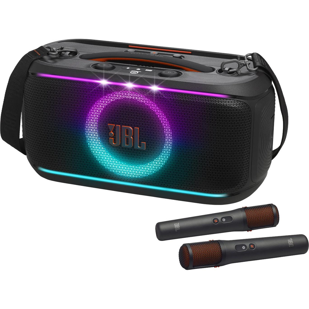 JBL PartyBox On-The-Go 2 Plus Australian kit with the black portable speaker and two wireless microphones