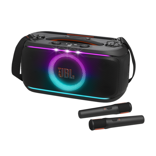 JBL PartyBox On-The-Go 2 speaker with two wireless microphones