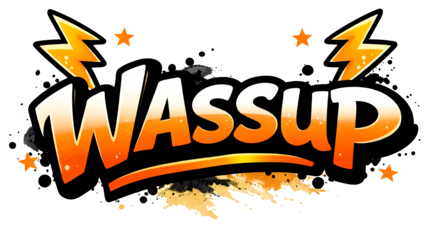 WAssup graffiti-style orange and white logo with black outline, lightning bolts, stars, and paint splatter.